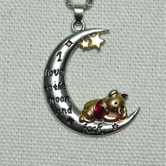Winnie The Pooh Necklace With Moon Pendant Silver & Gold Tone "I Love You To The - Picture 4 of 6